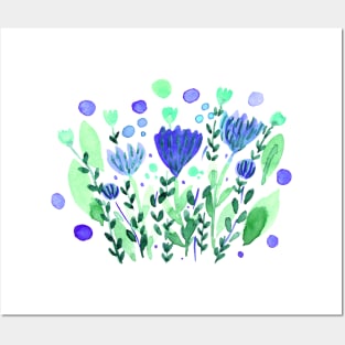 Watercolor whimsical flowers - blue and green Posters and Art